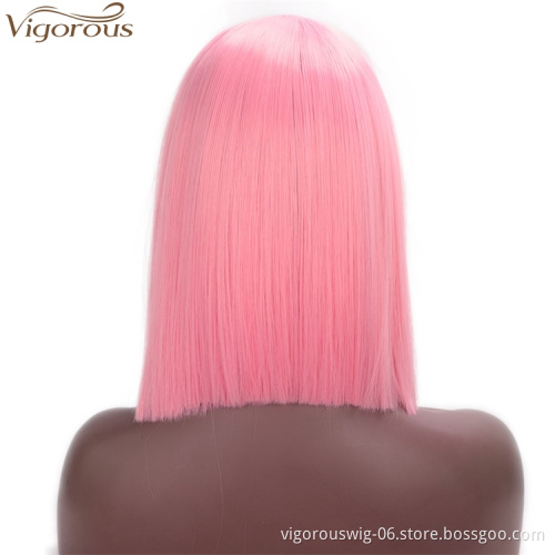 Vigorous 14 inches Short Straight Bob Wig Middle Part Pink Heat Resistant Synthetic Wig Cosplay Daily Use For Women